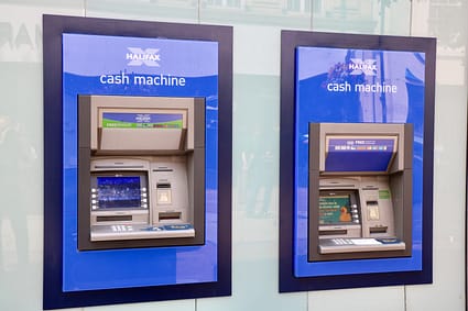 two blue and black Halifax Cash Machines